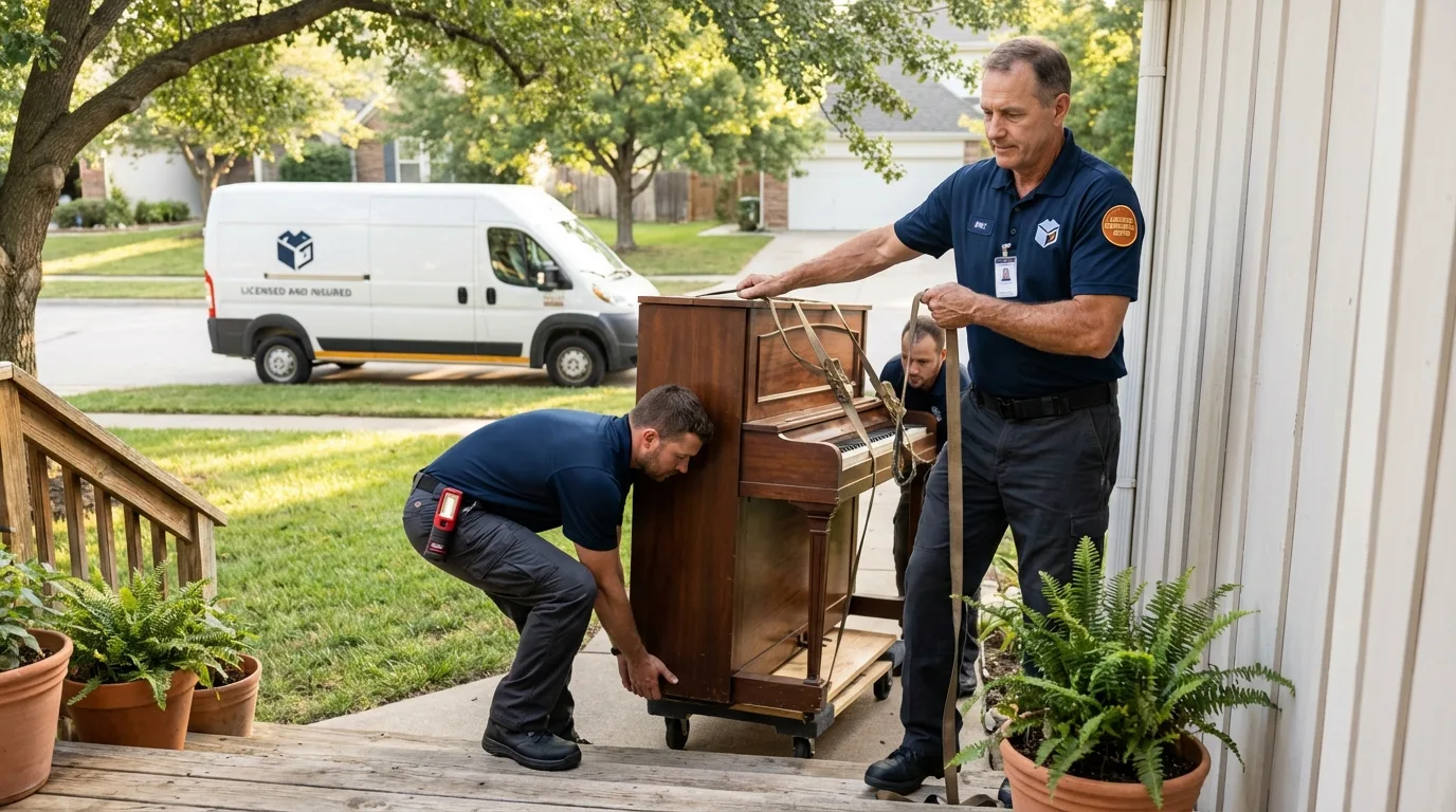 Licensed piano movers securing grand piano in Newberry, MI