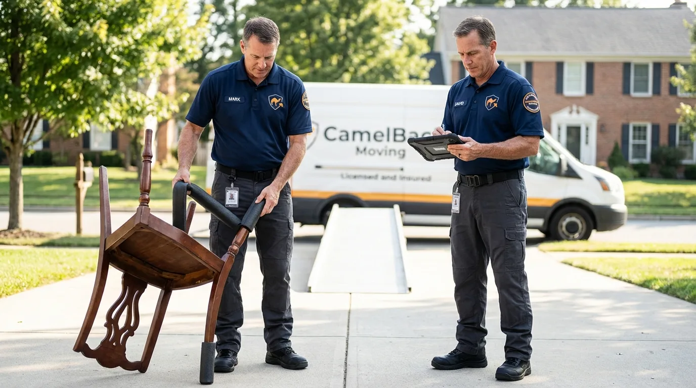 Movers inspecting furniture for damage prevention before loading in Newberry, MI