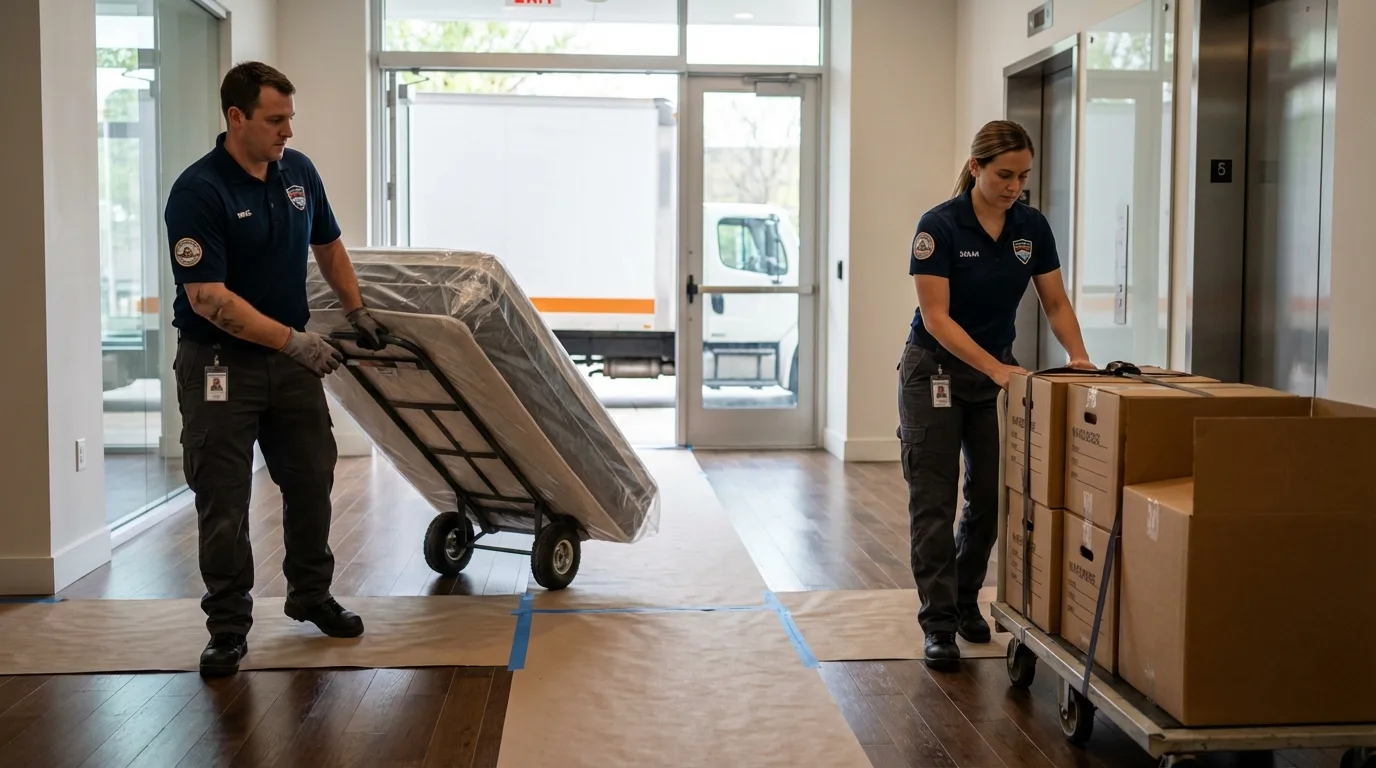 Professional apartment movers loading elevator in Newberry, MI