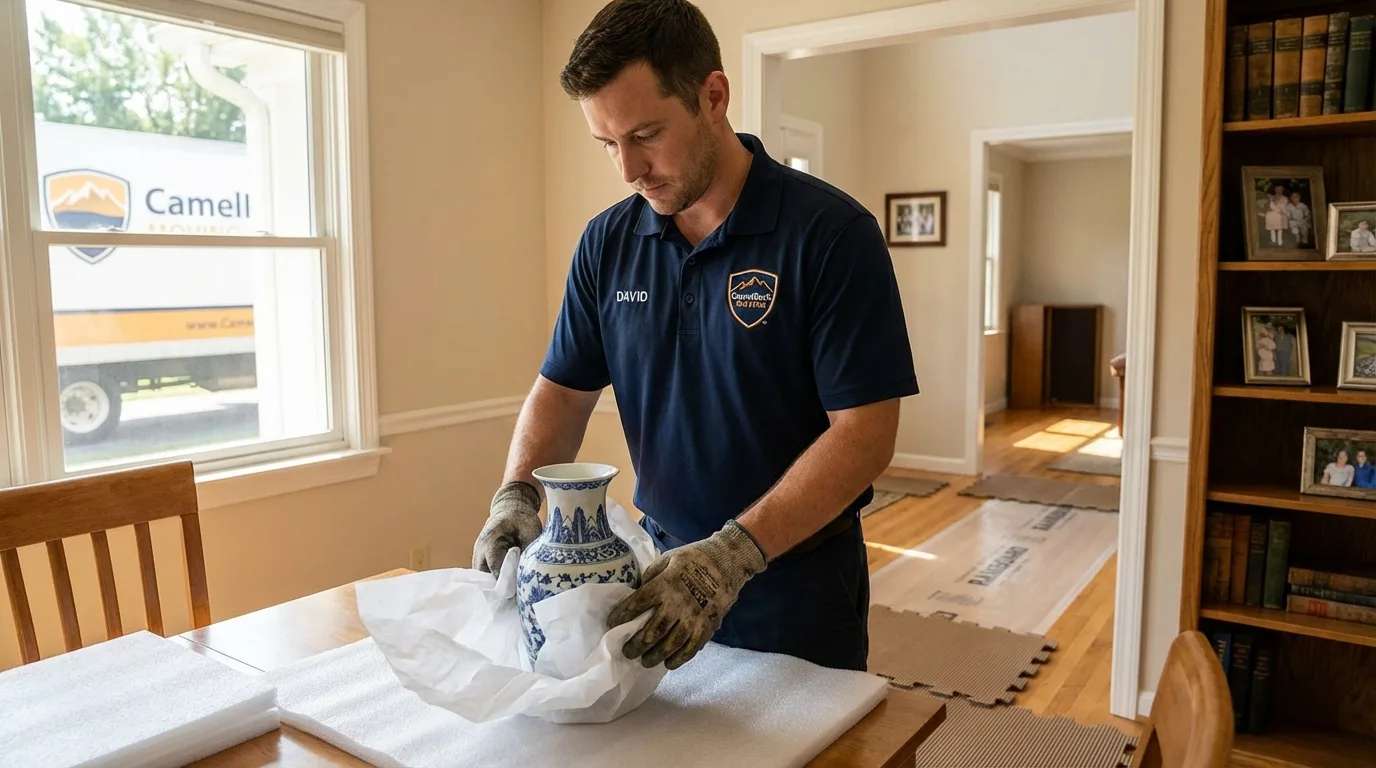 Professional crew carefully wrapping antique vase for senior downsizing move in Newberry, MI