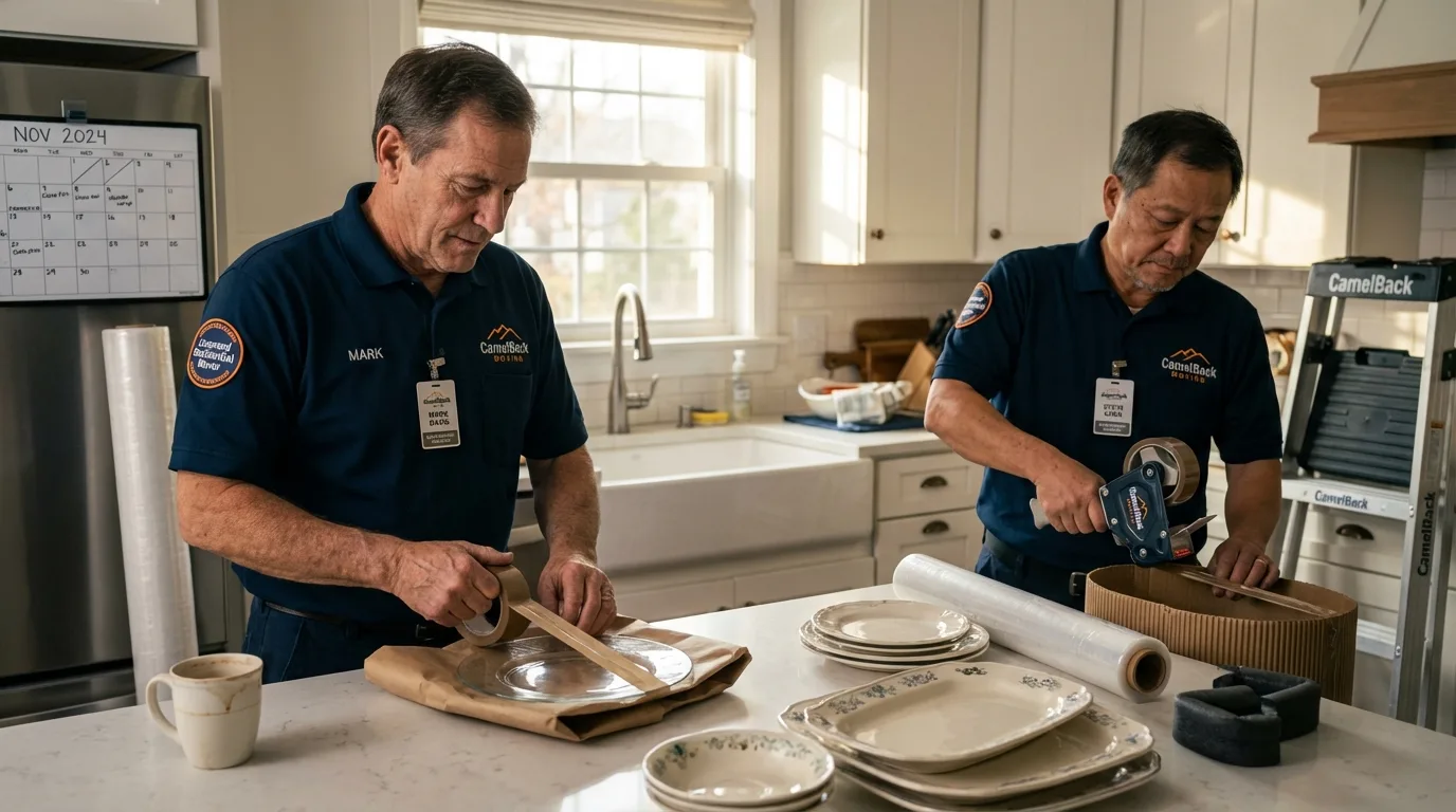 Professional crew packing kitchen dishware in Newberry, MI
